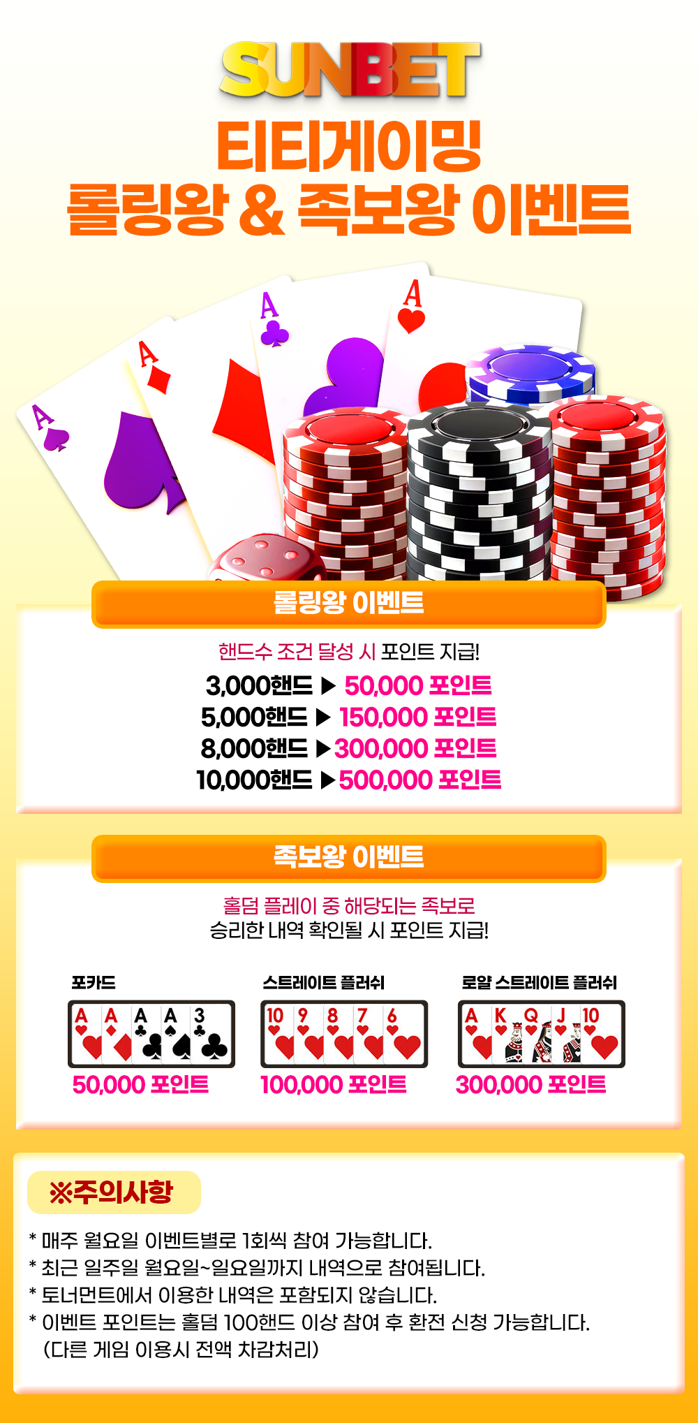 SUNBET 티티게이밍 롤링왕 족보왕 이벤트